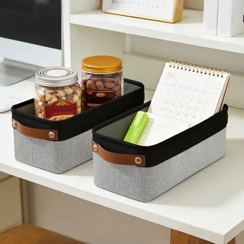 Bagnizer Small Fabric Storage Baskets, 15x6x5 inch Narrow Storage Bins 4-Pack Long Storage Basket for Organizing with Ha