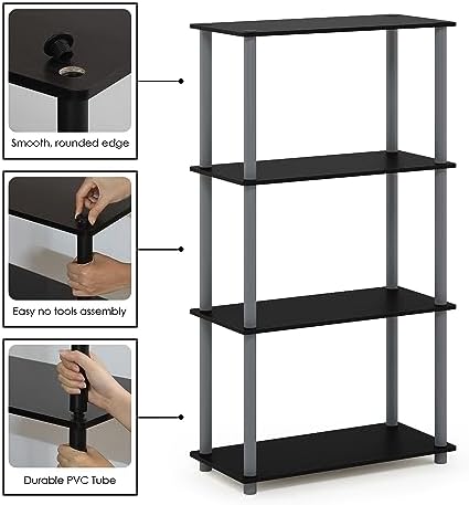 Furinno Turn-N-Tube Toolless Assembly Storage Shelves, 4-Tier Black Book Shelf, Open Storage Bookshelf, for Organization