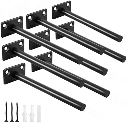 8 Pcs 6" Black Solid Steel Floating Shelf Bracket Blind Shelf Supports - Hidden Brackets for Floating Wood Shelves - Con
