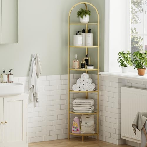 Homhedy 6-Tier Gold Corner Shelf Stand, Metal Corner Bookshelf