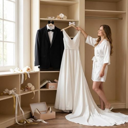 2 Pcs Bride Hanger for Wedding Dress, Bride and Groom Wooden Wedding Hangers Set, Dress and Suit Hangers with Bow Ties and Shoulder Notches, Bridal Shower Gifts Photography Props