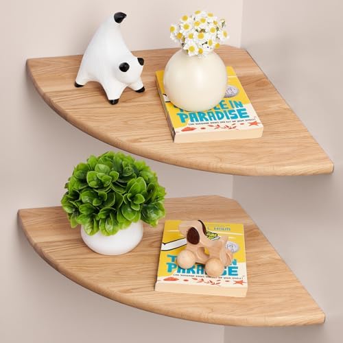 Gieanoo Floating Corner Shelves for Wall Set 2 12inch Solid Oak Rounded Corner Shelves Wall Mounted with Cable Hole Wood