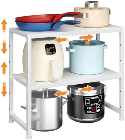 2-Tier Expandable Kitchen Storage Shelf,150LBS Heavy Duty Metal Shelving Units For Small Appliance,Adjustable Pots and P