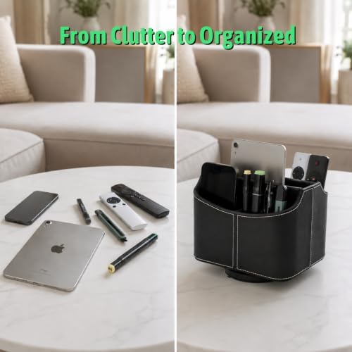 Remote Control Holder, Spinning Desk Organizer, Nightstand Bedside Caddy for TV Remotes/Tablets/Phones/Eyeglasses/Books/Pens - Black