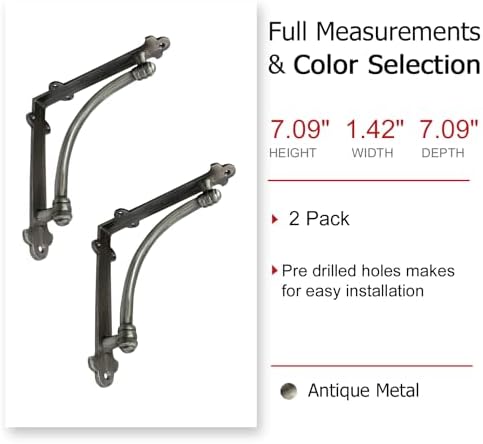 NACH Decorative Shelf Brackets, 2 Pack of 7 x 1.5 x 7 inch Antique Metal Cast Iron Shelf Brackets - Decorative Brackets 