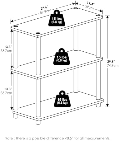 Furinno Turn-N-Tube Toolless Assembly Storage Shelves, 3-Tier Grey Book Shelf, Open Storage Bookshelf, for Organization 
