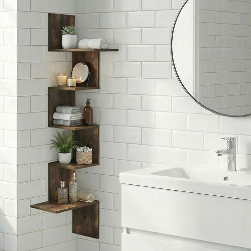 Furinno Rossi 5-Tier Corner Floating Shelves for Wall, Amber Pine