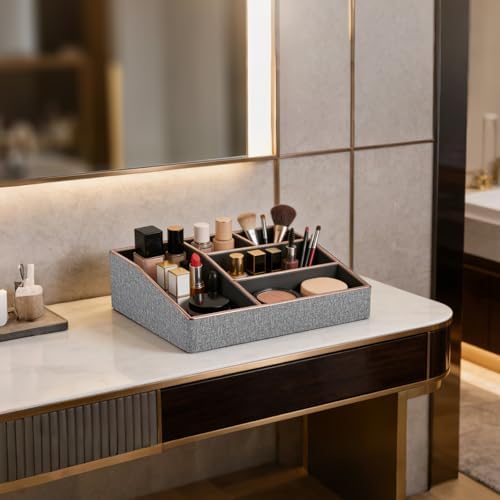 PU Leather Makeup Organizer Tray,Large Vanity Organizer,Cosmetic Storage Box for Lipstick Brushes Skincare Perfume,Cosme