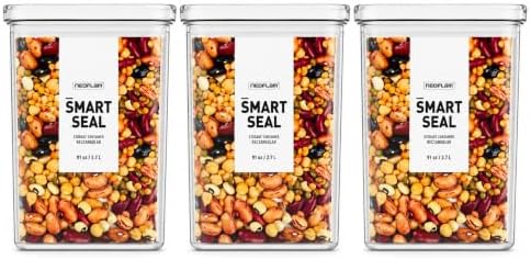 Neoflam Smart Seal Airtight Food Storage Containers Set of 3, Large 2.7L Pantry Containers for Cereal, Flour, Rice & Dry Food, Stackable BPA-Free Clear Canisters with Twist Lock Lids, White, 91 oz