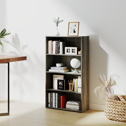 4-Tier Wood Open Bookshelf, Engineered Wood Rustic Book Shelves with 3 Shelves, 9 Inch Deep Small Bookcase for Small Spa