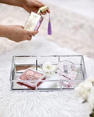 JollyCaper Silver Mirror Vanity Tray, Rectangle 12x8x2 Inches - Jewelry, Perfume, Makeup Organizer - Decorative Metal Tr