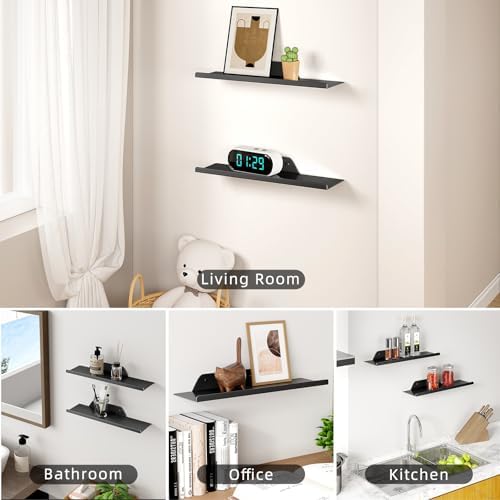 Floating Shelves for Wall, Wall Shelves, Off Center Metal Shelves for Living Room, 12” Modern Black Hanging Shelves for 