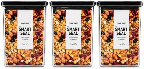 Neoflam Smart Seal Airtight Food Storage Containers Set of 3, Large 2.7L Pantry Containers for Cereal, Flour, Rice & Dry Food, Stackable BPA-Free Clear Canisters with Twist Lock Lids, Black, 91oz