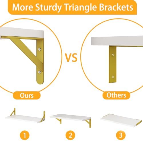 YGEOMER 4 Different Sizes Floating Shelves for Wall Decor, White and Gold