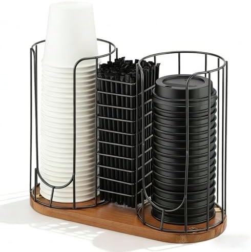 Geelin 18oz Adjustable Coffee Cup Dispenser with Wooden Base, Cup and Lid Holder, Cups Holder Organizer for Coffee Pod S