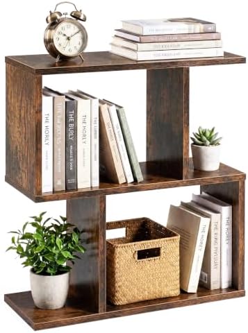 GIANTEX 3-Tier Geometric Bookshelf, Wood S-Shape Bookcase, Brown