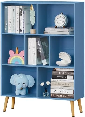 YAHARBO 7 Cube Bookshelf, Blue Kids Book Shelf with Cubby Storage,Wooden Modern Bookcase with Legs,3 Tier Freestanding D