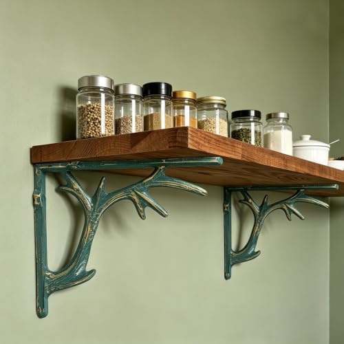 1PCS Cast Iron Deer Antler Wall Shelf Bracket, 6.2in (H), Green & Gold