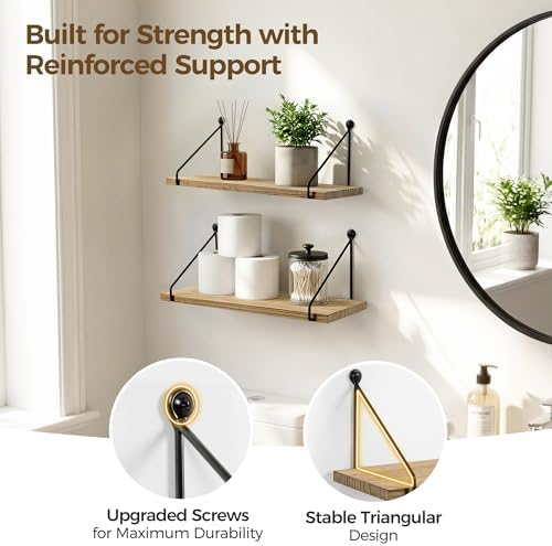 Afuly Rustic Floating Shelves for Wall, Wood Shelf with Brackets, Set of 2