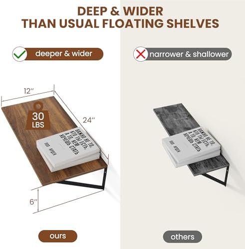 Heimlove 24W x 12D Deep Floating Shelves Set of 2 Walnut