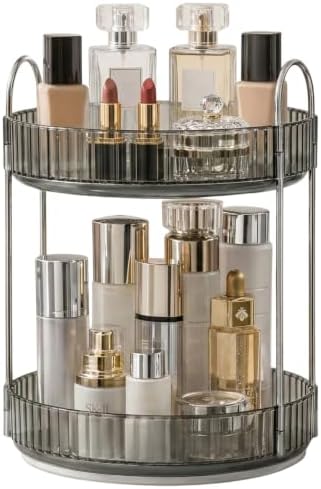 360° Rotating Makeup Organizer, 2 Tier Spinning Cosmetic Organizer for Vanity & Bathroom Countertop, Holds Tall Skincare