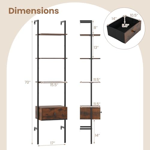 GIANTEX 5-Tier Ladder Bookcase with Drawer, 70" Tall Wall-Mounted Bookshelf with Metal Frame, Industrial Open Display Sh