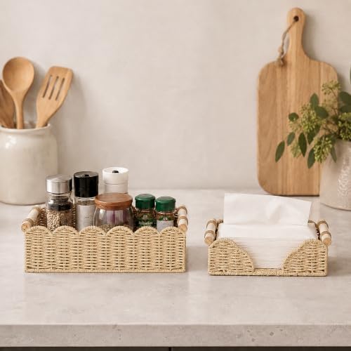 2 Pack Scalloped Paper Rope Toilet Paper Baskets with Wood Handles