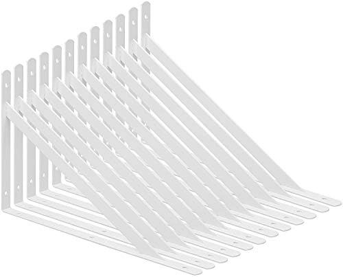 Acrux7 12 Pack L10" x H 6" White Heavy Duty Shelf Brackets with Screws - Metal L Bracket 90 Degree Metal Shelf Support -