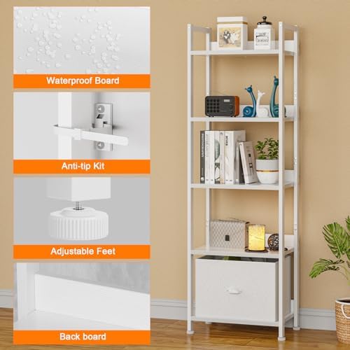 Furologee 5 Tier Bookshelf with Fabric Drawer, Tall Narrow Bookcase, White