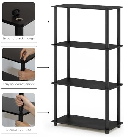 Furinno Turn-N-Tube Toolless Assembly Storage Shelves, 4-Tier Black Book Shelf, Open Storage Bookshelf, for Organization