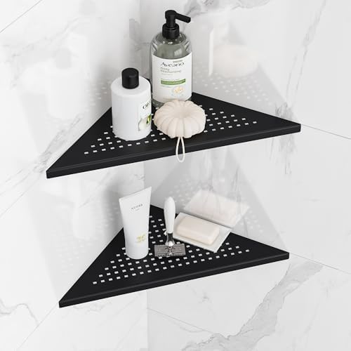 Neodrain 12" Matte Black Corner Wall Shelf with Quadrato Grate, Set of 2