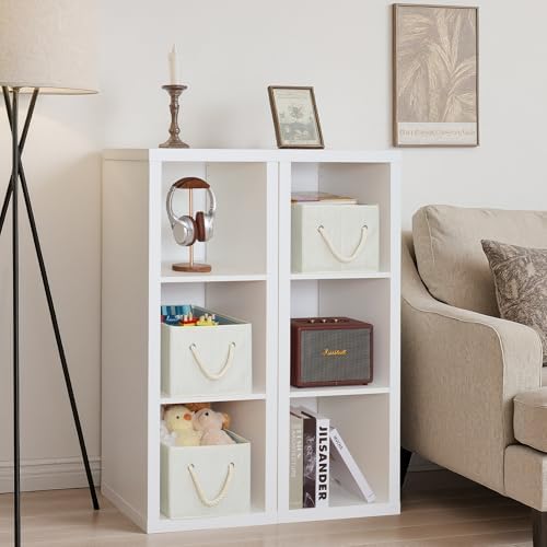 StorageWorks Storage Baskets for Shelves, Foldable Fabric Closet Storage Bins with Handles, Fabric Storage Bins Clothes Organizer, Beige, White & Ivory, 6-Pack, Large