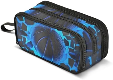 3d Basketball Blue Lighting Pencil Case Box Boys Girls Large Pencil Pouch with Zipper Compartments Big Capacity Stationery Pen Bag Organizer for Kids Teens Adults School