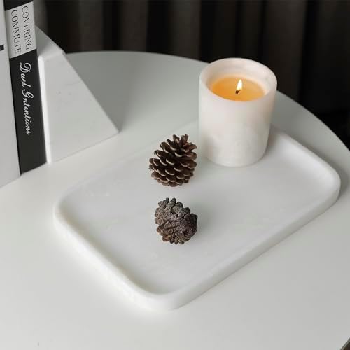 Karibiber Vanity Tray, 11.8inch Marble Bathroom Tray for Countertop, White Marble Bathroom Dresser, Stone Serving Tray f
