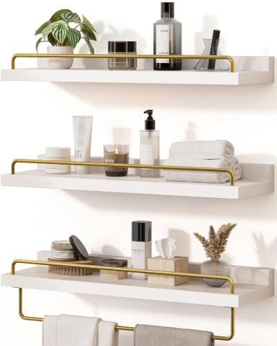 Seocry Bathroom Shelves, Wall Shelf Set of 3, Floating Shelves, Shelves for Room Wall, Bathroom Decor (White Gold, 15.7 