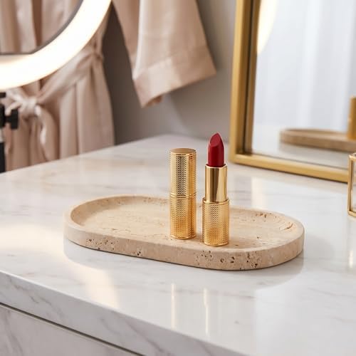YKAJO Yellow Travertine Oval Marble Tray, 9.8x4.7 Vanity Perfume Organizer