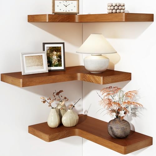 Fixwal Corner Floating Shelves for Wall Mounted Natural Solid Wood 16"x11.4" Farmhouse Home Decor Display Shelving Set o