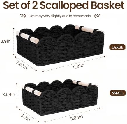 iEGrow Paper Rope Small Storage Baskets for Organizing, Set of 2 Scalloped Edge Wicker Basket with Wooden Handles Toilet Paper Basket for Over Toilet Storage Shelf, Home Decor, Living Room (Black)