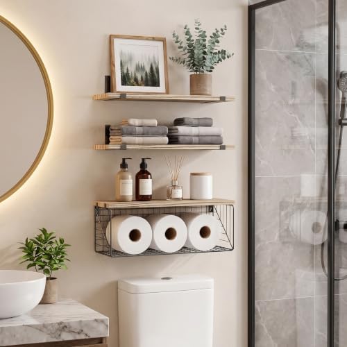 Fixwal 3+1 Tier Bathroom Floating Shelves Over Toilet, Light Brown