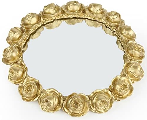 Vixdonos Decorative Round Mirror Tray Bathroom Vanity Tray with Gold Resin Rose for Perfume,Jewelry and Makeup