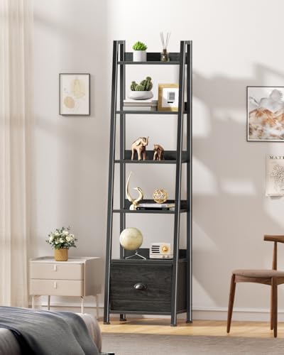 Furologee 6 Tier Ladder Shelf,Ladder Bookshelf with Drawer,Industrial Tall Bookcase,Storage Rack Organizer,Wood Metal Fr
