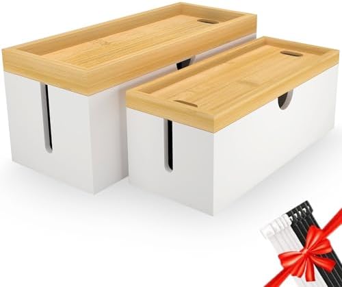 Bamboo Cable Management Box, Large Cord Organizer Box Cable Box to Hide Wires & Power Strips for Desktop Storage Cord Ho