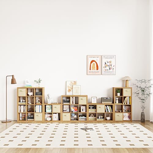 furtble Bookshelf with Storage Bins, 12-Cube Storage Organizer, Modern Wood Open Bookcase, Multifunctional Display Shelf