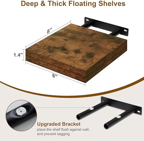 Fun Memories Floating Shelves, 8 Inch Deep Floating Shelves for Wall, 8 x 8 Wall Shelves, Rustic Wood Floating Shelf for