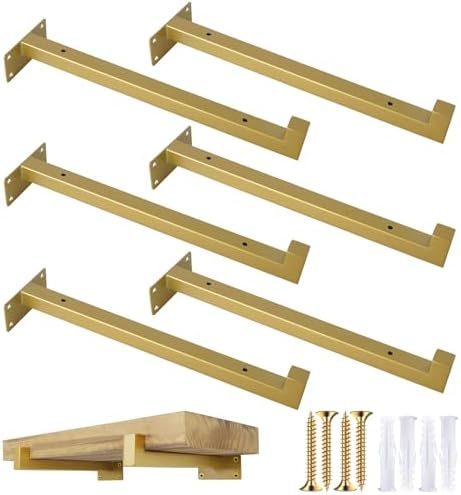 OVOV 6 Pack 12 Inch Gold Shelf Brackets with Lip Wall Shelf Brackets