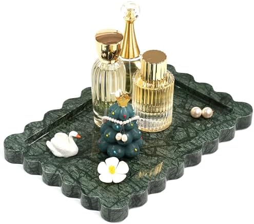 Scalloped Green Marble Tray - Large Home Decorative Stone Vanity Perfume Candle Plates for Bathroom Accessories Coffee T