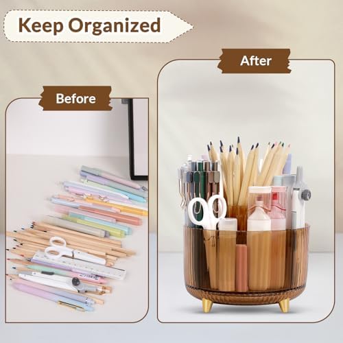 SKYDUE Rotating Pencil Pen Holder, Pen Organizer with 5 Slots - Aesthetic Desk Organizer and Accessories for School, Home, Office Supplies, Clear Tawny
