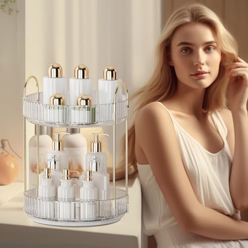 360° Rotating Makeup Organizer for Vanity - 2 Tier Perfume Organizer with Large Capacity - Skincare Organizer for Bathro