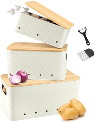 Kitchen Vegetable Storage Set of 3, Metal Onion Garlic Potato Storage Set, Kitchen Canisters Vegetable Keeper Containers