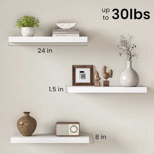 24" Floating Shelves for Wall, Set of 3, 8" Deep, 1.5" Thick, White